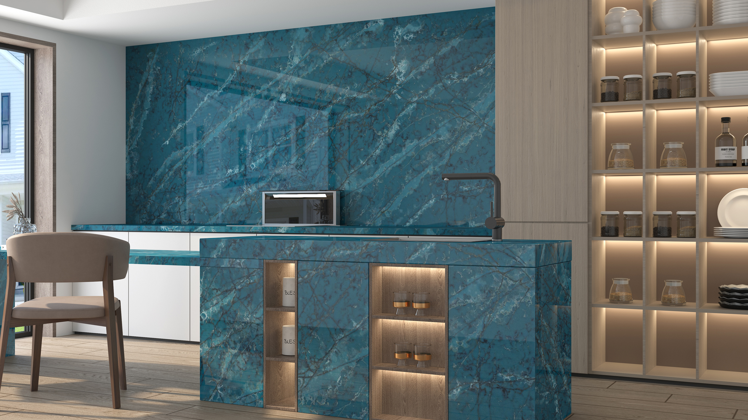 Luxury teal quartz kitchen surface